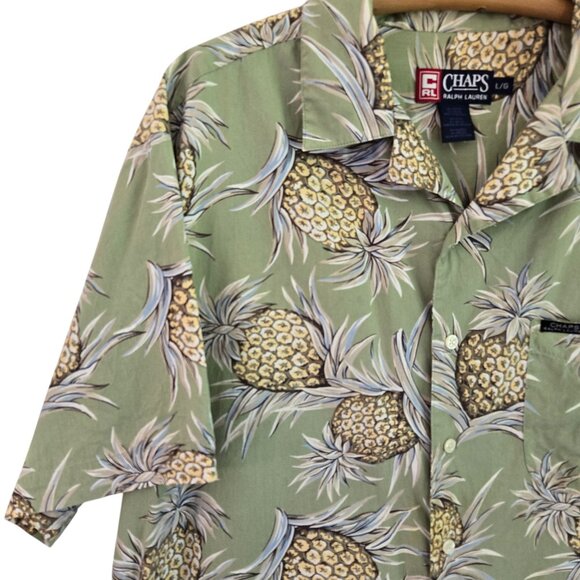 Chaps Ralph Lauren Mens Green Pineapple Print Hawaiian Short Sleeve Shirt Large - Picture 4 of 11